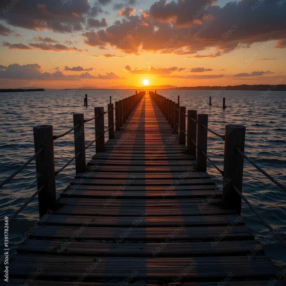 Obraz premium Wooden Pier Leading to Horizon Sunset, Tranquil Water Reflections.