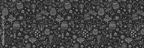 Easter seamless pattern with cute hand drawn eggs, chicks and flowers. Cartoon style background. Vector illustration