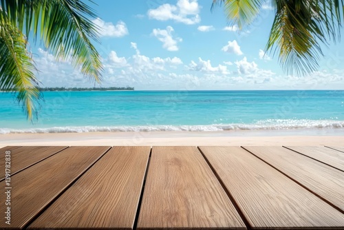 Elegant Black Wooden Tabletop with Blurred Tropical Beach Background - Ideal for Product Display or Montage, High-Quality Image