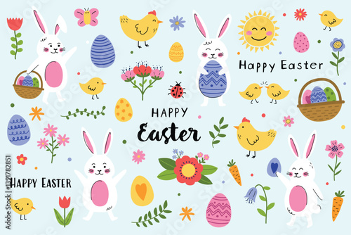 Easter set with cute elements: bunny, chick, egg and flower. Cartoon style characters. Vector illustration