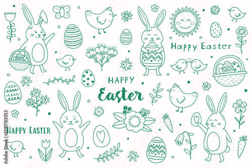 Collection of hand drawn Easter icons: bunny, chick, egg and flowers. Cute cartoon style elements. Vector illustration