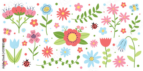 Colourful spring flowers set. Icons in cartoon style. Vector illustration