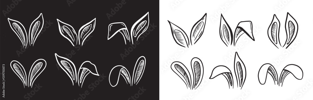 Obraz premium Rabbits's ears set, Happy Easter, Hand drawn illustration. 