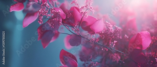 Pink flower petals on a vine against a blurred blue background with light.