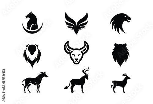 Wild Animal Head Silhouette Logos Vector Tribal Icons Set
