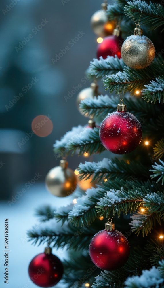 Fototapeta premium Frosty evergreen tree with glass ornaments and fairy lights in winter wonderland background, holiday, ornaments