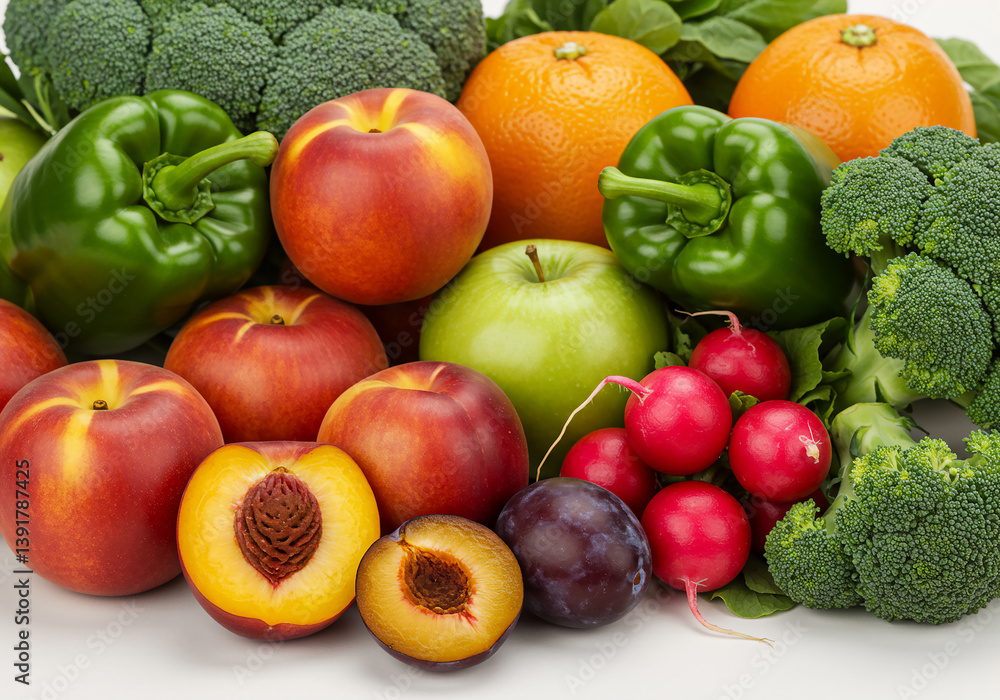 Fresh Fruits and Vegetables Broccoli, Oranges, Apples, Peppers, Radishes, Plums, Peaches, Healthy Eating Fresh Fruits and Vegetables Broccoli, Oranges, Apples, Peppers, Radishes, Plums, Peaches, Healthy Eating