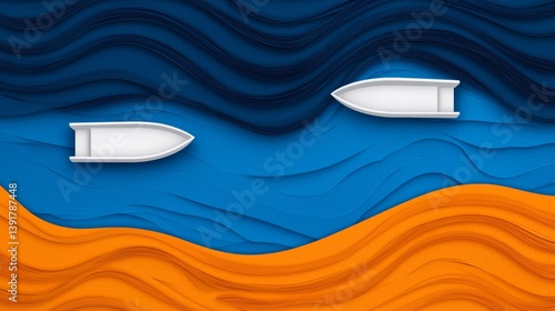 Paper Collage of Sustainable Marina with Boats Floating on Colorful Waves