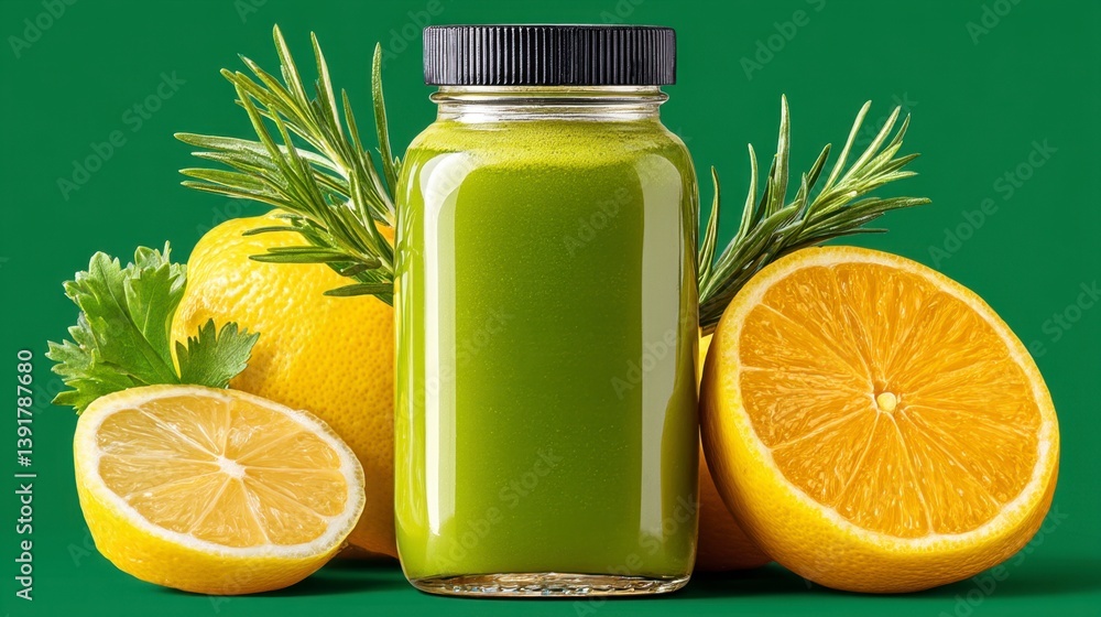 Green Smoothie in Glass Jar with Citrus Fruits and Fresh Herbs on Green Background Green Smoothie in Glass Jar with Citrus Fruits and Fresh Herbs on Green Background