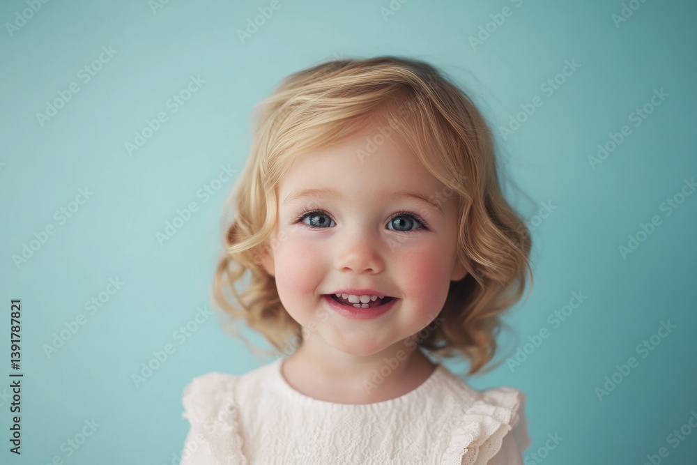 Naklejka premium A young girl with blue eyes and blonde hair smiles gently, her innocence framed by a soft blue background and turquoise background.