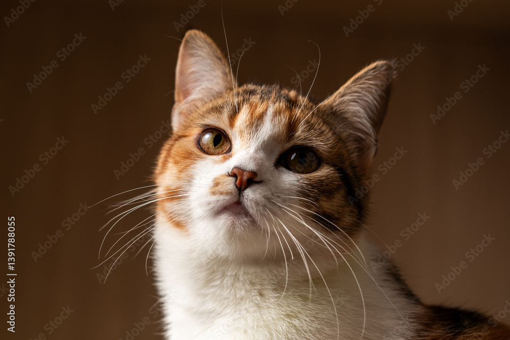 Portrait of little adorable tricolor kitten