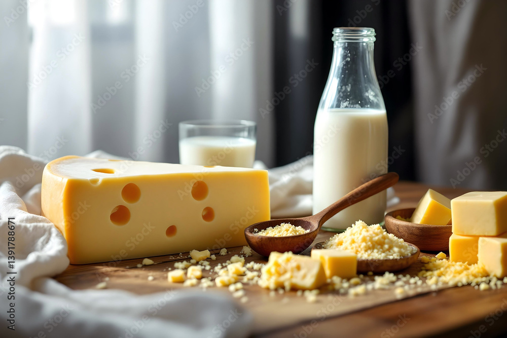 Cheese Platter with Milk Bottles in Cozy Natural Light Cheese Platter with Milk Bottles in Cozy Natural Light