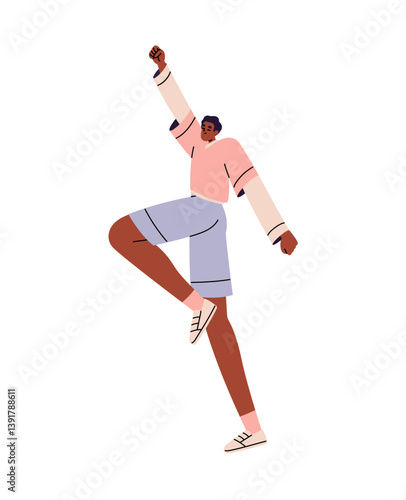 Joyful African American boy celebrates success, hand up. Happy young man rejoices at win, has fun. Dancer enjoys, moves with music, dances. Flat isolated vector illustration on white background