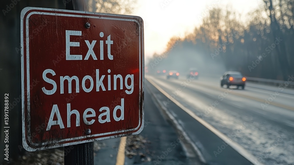 World no tobacco day with awareness and disease idea. Exit sign indicating smoking area along a foggy road. World no tobacco day with awareness and disease idea. Exit sign indicating smoking area along a foggy road.
