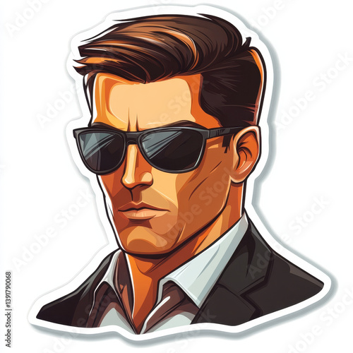 Stylish sticker featuring confident man with sunglasses, showcasing modern and sleek design. character exudes aura of mystery and sophistication, perfect for various creative projects