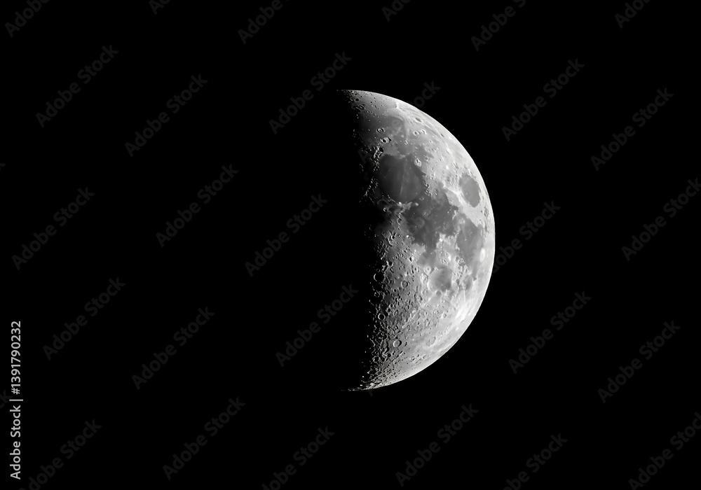 Detailed Half Moon in Space Lunar Surface, Night Sky, Crescent Phase, Astronomy Concept. Detailed Half Moon in Space Lunar Surface, Night Sky, Crescent Phase, Astronomy Concept.