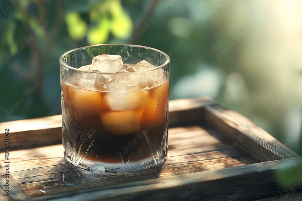 Cold brew coffee with ice cubes and condensation on a rustic wooden tray Cold brew coffee with ice cubes and condensation on a rustic wooden tray