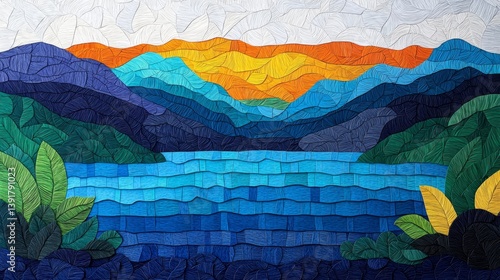 Colorful Collage of Mountains and Lake in a Serene Village Setting