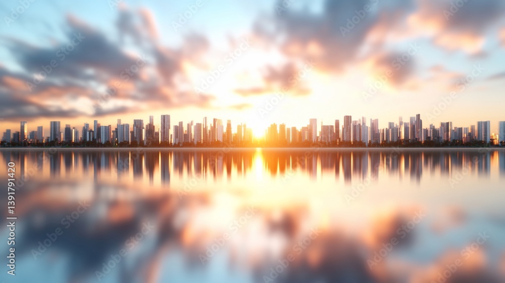 Obraz premium Cityscape sunset reflection, calm waters