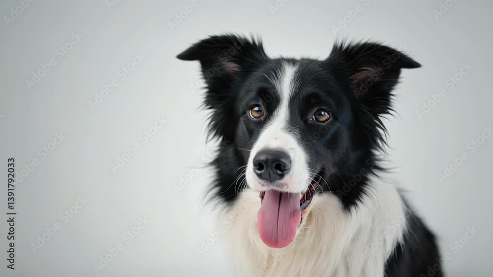 The dog is a happy collie with black and white fur. He is shown panting with tongue out, likely after play or exercise. The dog is a happy collie with black and white fur. He is shown panting with tongue out, likely after play or exercise.