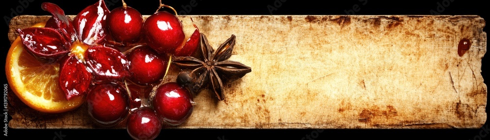 Cherries, orange, star anise, petals compose a still life on weathered parchment against a dark background Cherries, orange, star anise, petals compose a still life on weathered parchment against a dark background