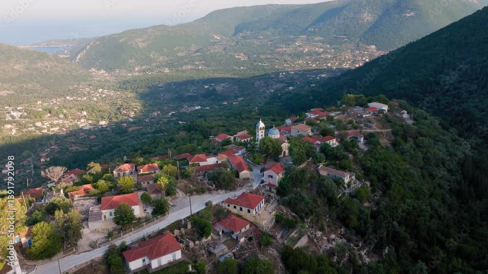 Panoramic drone shot of Exogi village in Ithaca island, Greece during sunset Panoramic drone shot of Exogi village in Ithaca island, Greece during sunset
