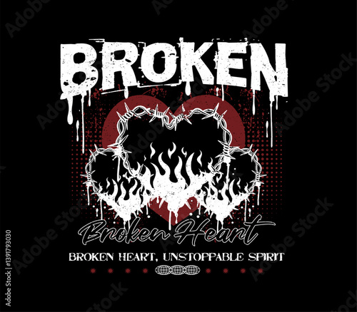 Broken heart design with fire and flames in urban print style.  vector illustration for t-shirt designs, streetwear prints, posters, and more