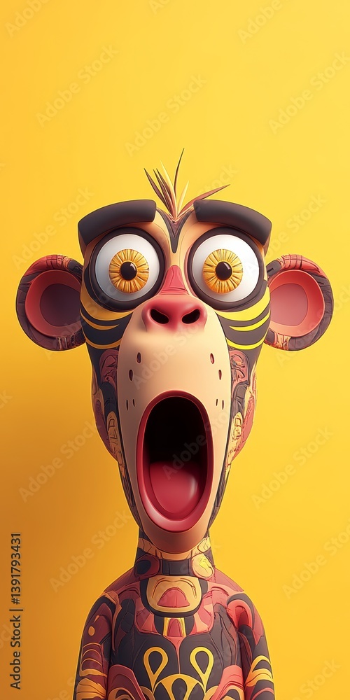 Fototapeta premium Surprised Golden Monkey with Open Mouth, Big Eyes, and Abstract Tribal Paint on Yellow Background