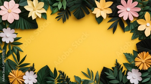 Colorful Paper Flowers and Green Leaves on Bright Yellow Background Art of Earth