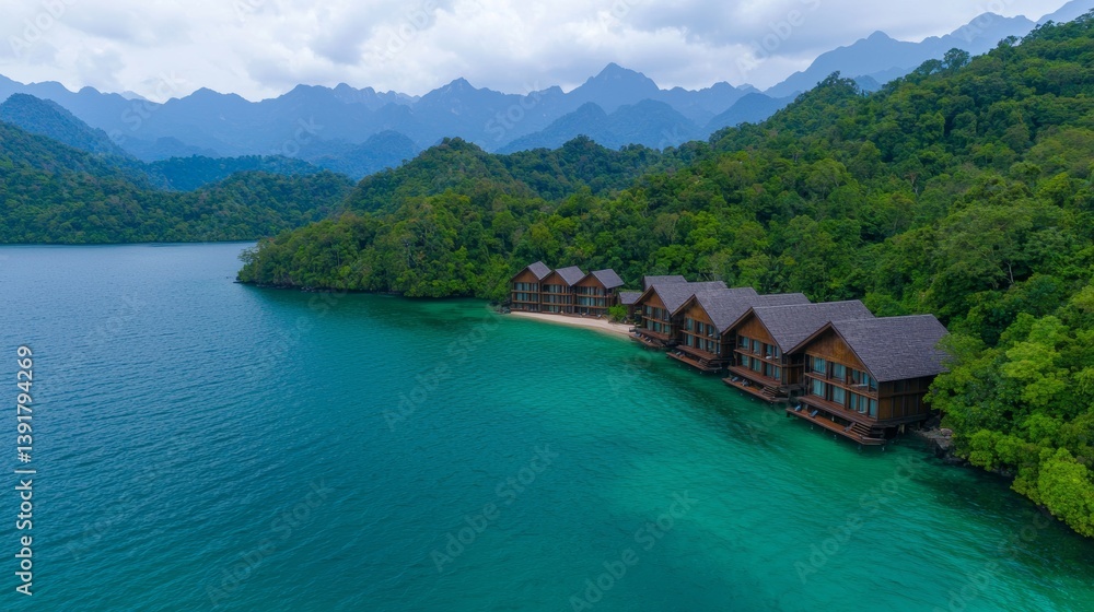 Naklejka premium Serene Eco Resort Surrounded by Lush Mountains and Tranquil Waters in Nature