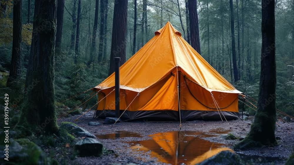 An orange tent set up in a woodland, surrounded by trees and near a puddle. Ideal for camping enthusiasts who enjoy the outdoors. An orange tent set up in a woodland, surrounded by trees and near a puddle. Ideal for camping enthusiasts who enjoy the outdoors.