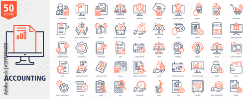 Accounting Icon Set Outline duo tone Style with accountant, accounting, financial, balance sheet, research, expense, authentication, budget, tax and stock price

