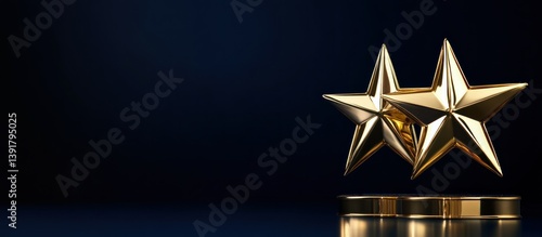 Three star-shaped golden award trophies on a dark blue background with copy space