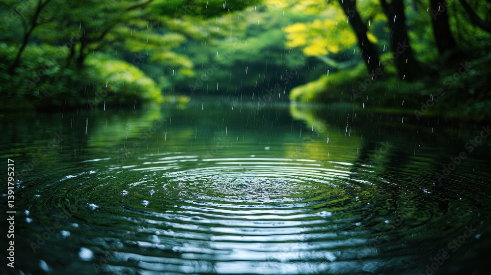 Rain falling on tranquil pond Rain falling on tranquil pond