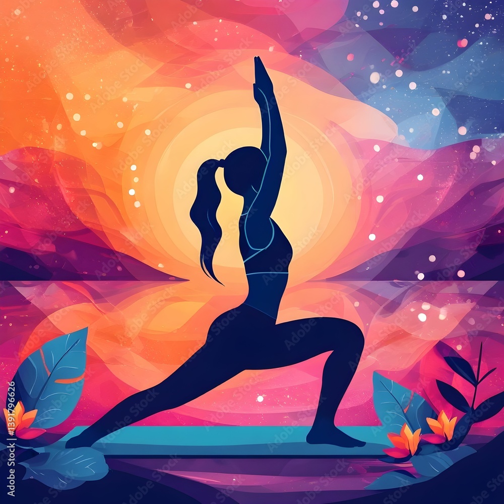 International Yoga Day and Yoga Poses in Silhouette with Sun and Moon Background