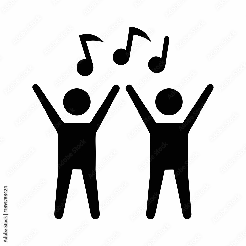 Two People Cheer With Musical Notes Above Them In A Simple Vector Style Two People Cheer With Musical Notes Above Them In A Simple Vector Style