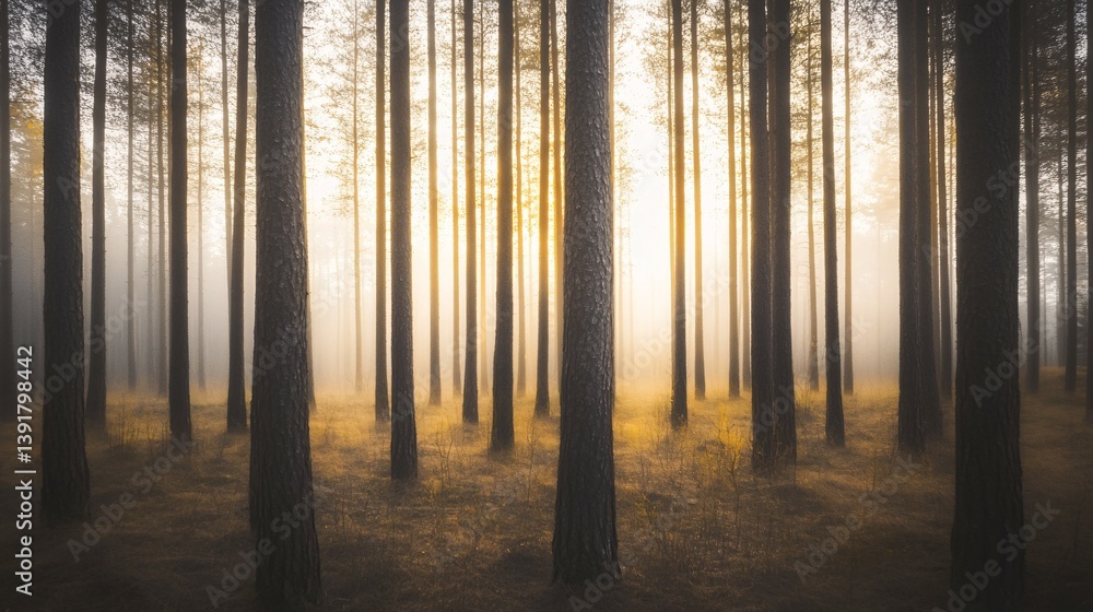 Obraz premium Trees in a forest with light shining through the trunks and foliage.