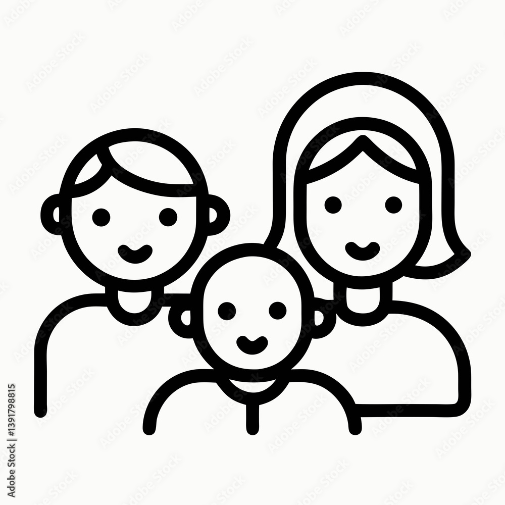 Happy Family Icon With Parents And Child Simple Linear Design Happy Family Icon With Parents And Child Simple Linear Design