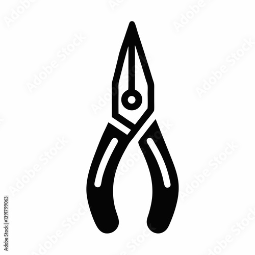 Black Glyph Vector Illustration Of Long Nose Pliers Tool On White Background