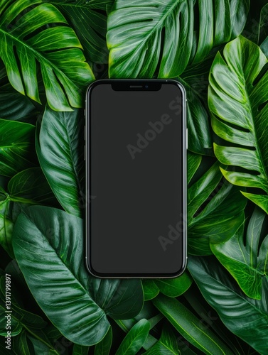Modern Smartphone Surrounded by Lush Green Leaves for Tech and Nature Contrast