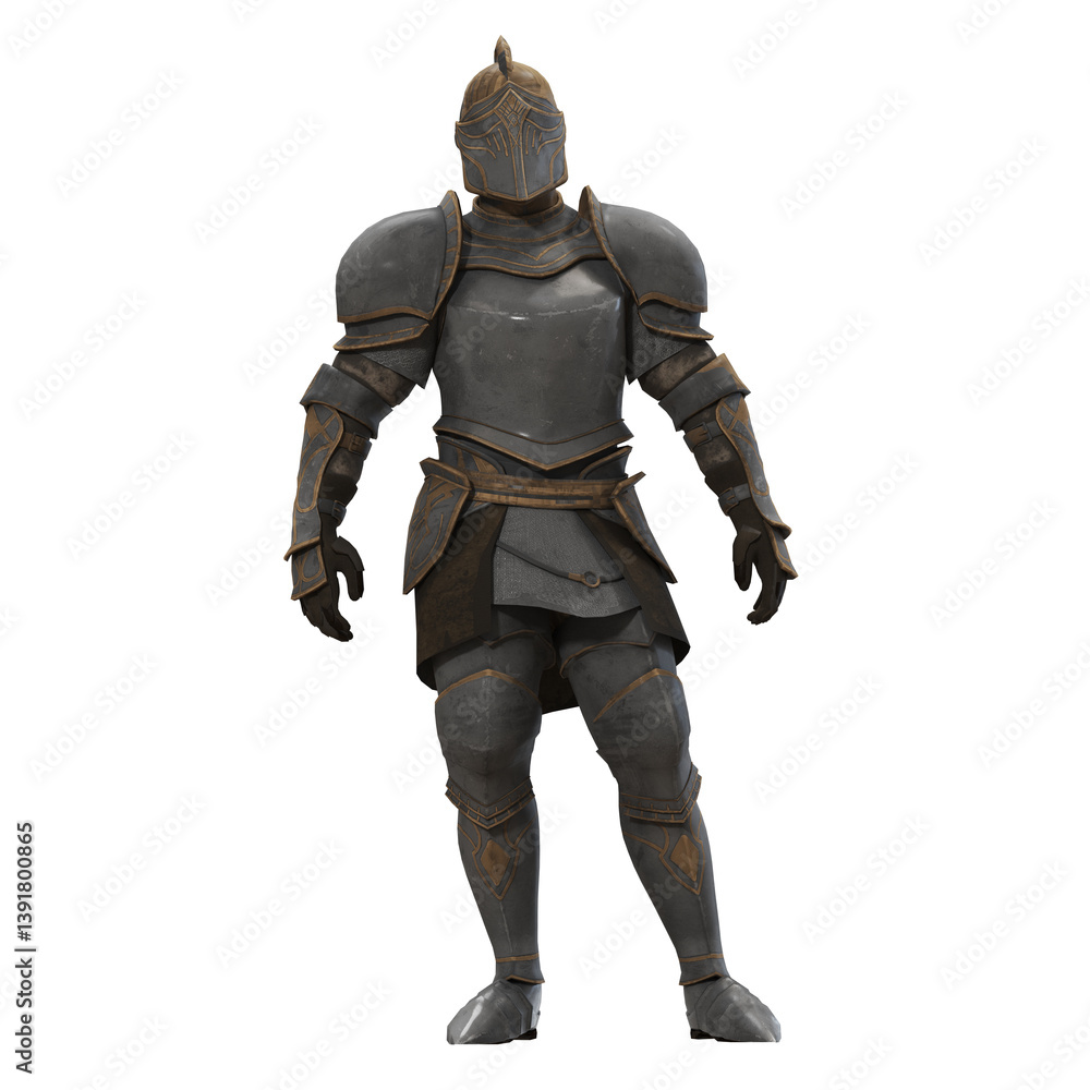 Medieval knight in full armor standing confidently. Medieval knight in full armor standing confidently.