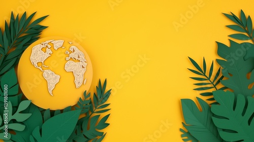 Unique Paper Cut Design of Earth Surrounded by Lush Green Leaves on Yellow Background