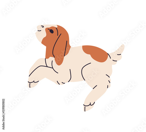 Adorable baby goat with patterned fur lying. Cute goatling relaxes in village, homestead. Amusing yeanling has rest in ranch. Funny farm animal. Flat isolated vector illustration on white background