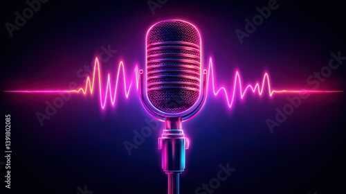 Neon Retro Microphone with Soundwave:  A Vibrant Audio Visual