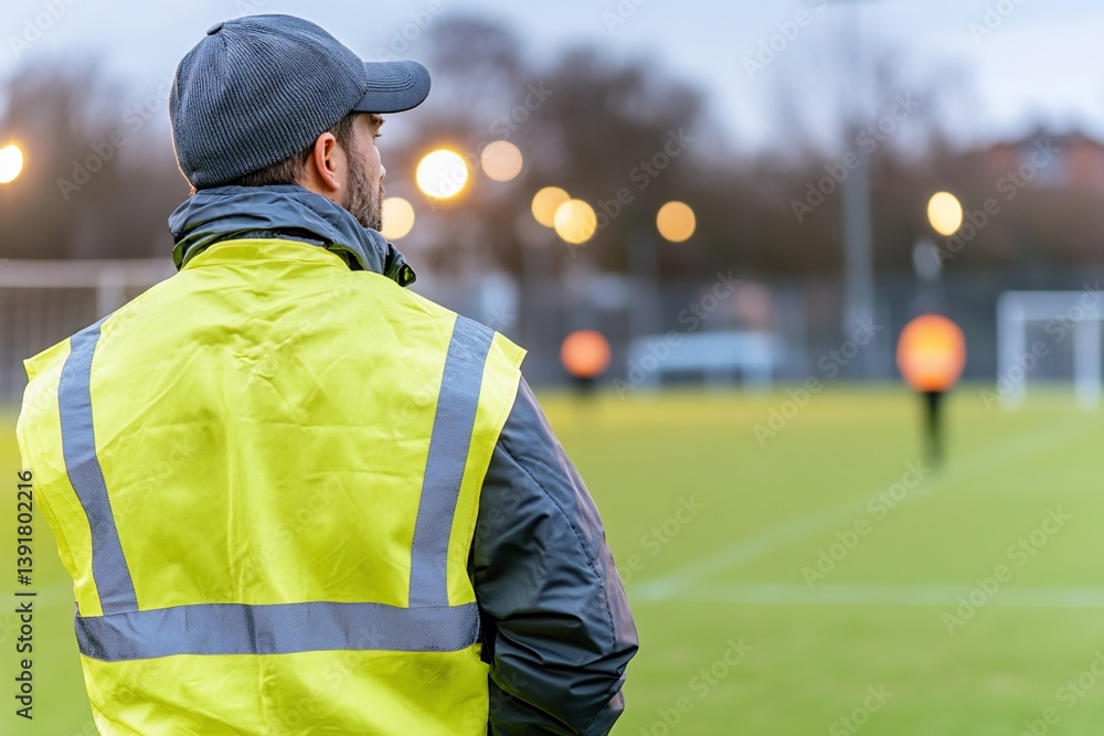 Fototapeta premium Coach watching youth soccer game, dusk