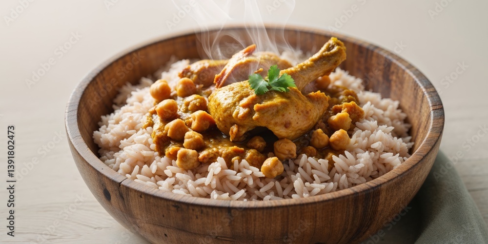 Chicken and Chickpea Curry with Brown Rice in Wooden Bowl