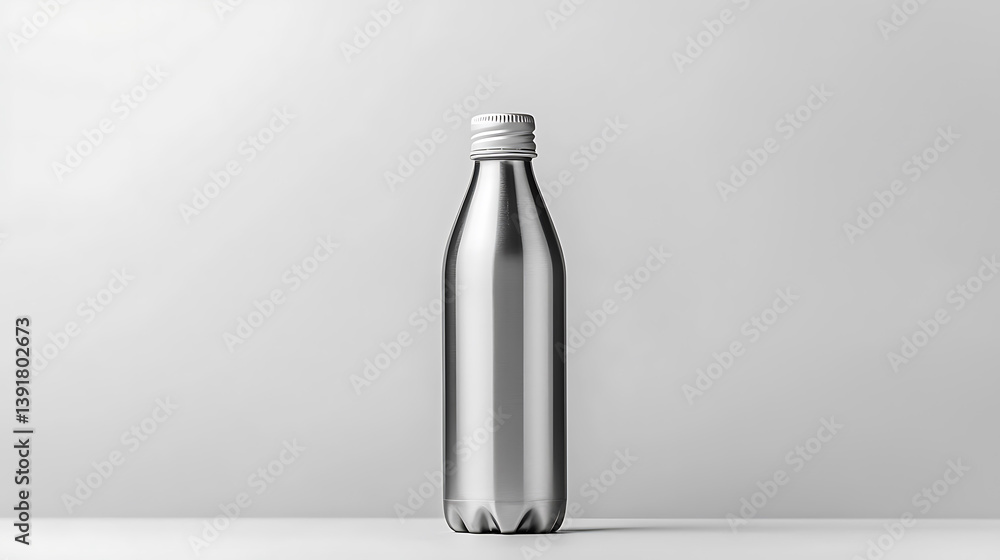 A sleek silver metal bottle with a matching cap resting on a white surface against a gray backdrop. A sleek silver metal bottle with a matching cap resting on a white surface against a gray backdrop.