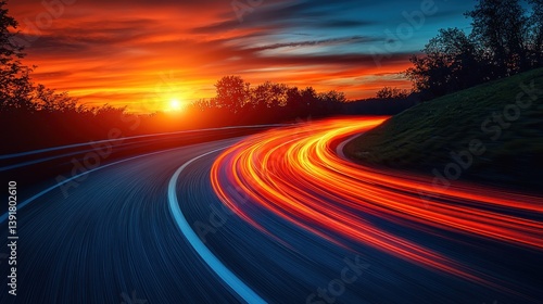 Winding road at sunset with motion blur