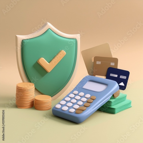 A colorful representation of financial security featuring a calculator, coins, cards, and a shield symbolizing protection and trust in money management.