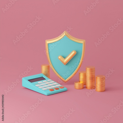 A digital illustration featuring a shield symbolizing security, a calculator, and stacks of coins on a pink background, representing financial safety and management.